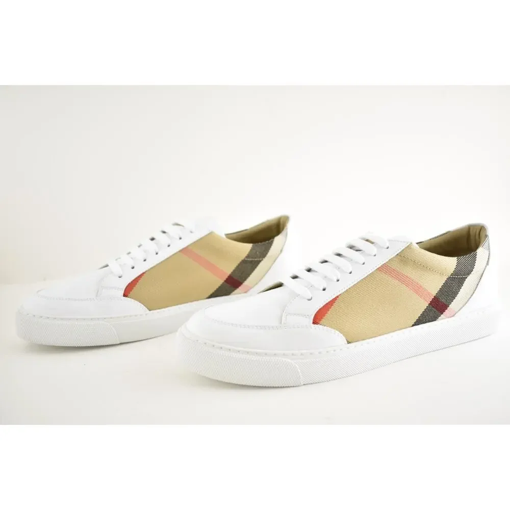 Burberry Salmond Vintage Check White Leather Logo Lace Up Low Top Sneaker 41